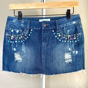 Authentic Y2K Low Rise Rhinestone Studded Denim Mini Skirt Size 25